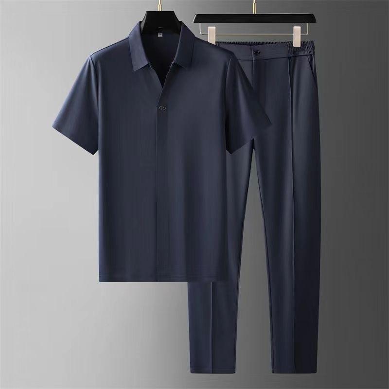 Sommer Dünnes Eis Seide Kurzarmhemd Anzug Herren Business Freizeit Sport Zweiteiliger Anzug XXXL blau