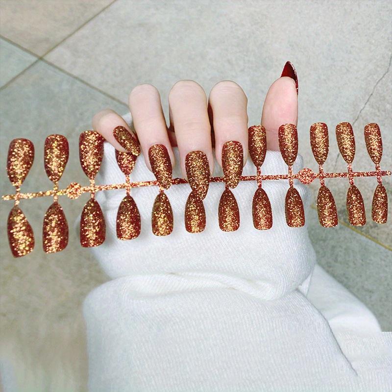 24 teile/satz Drücken Sie auf Nagel Künstliche Nägel Nagel Aufkleber Glitter Tragen Nägel DIY Schnelle Nägel braun