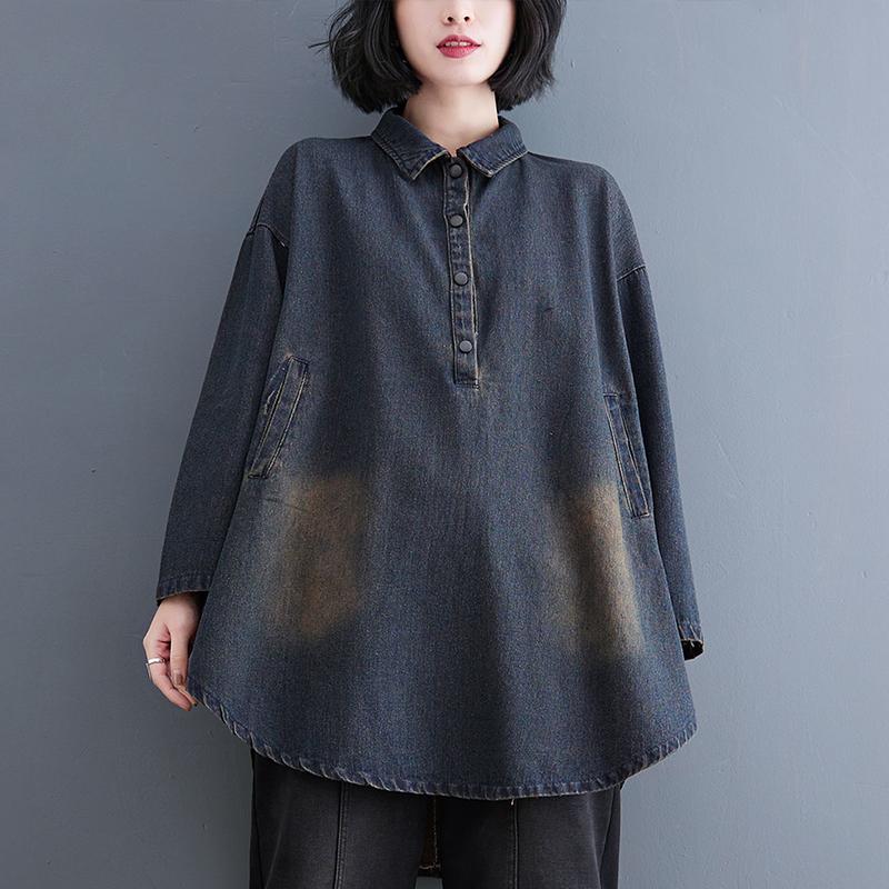 Übergröße Damen Bluse Hemden Einfarbig Langarm Denim Damenstil Mode Blaue Bluse XXL blau