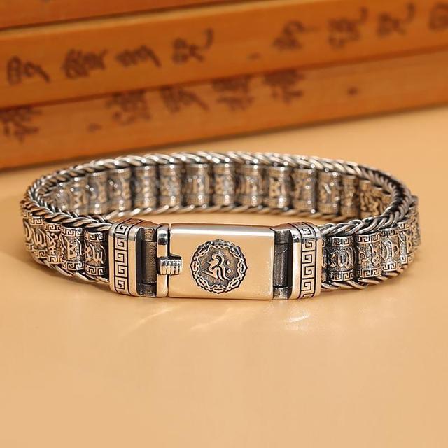 Retro-Stil Herren-Armband, schlicht und großzügig, Silber-Armband, gewebt, Sechs-Charakter-Mantra-Armband, 925er Silber, Kettenschmuck 22cm