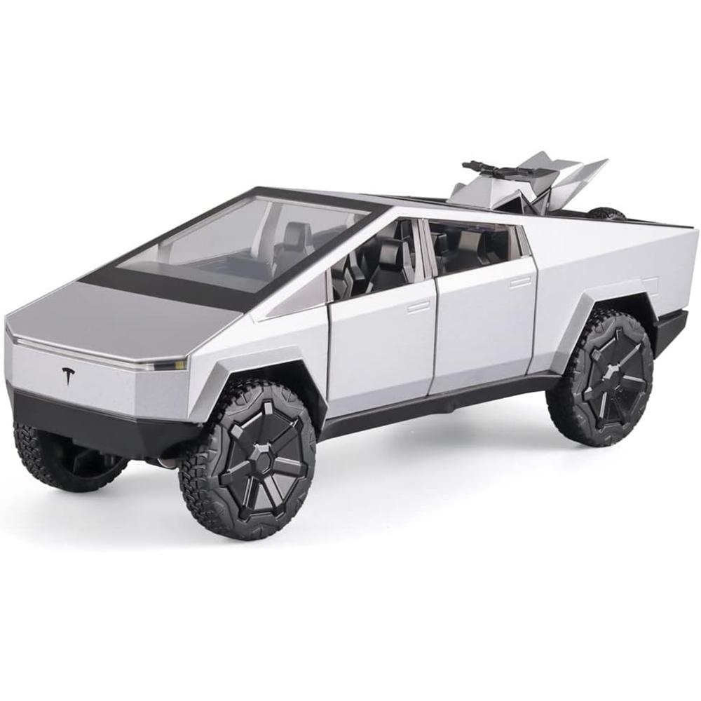 Pickup-Truck im Maßstab 1/24, Tesla Cyber Truck, Modellauto aus Druckgussmetall mit Ton und Licht, Rückzug, für Kinder geeignet 1/24-Size:22.5*8.5*8cm silber
