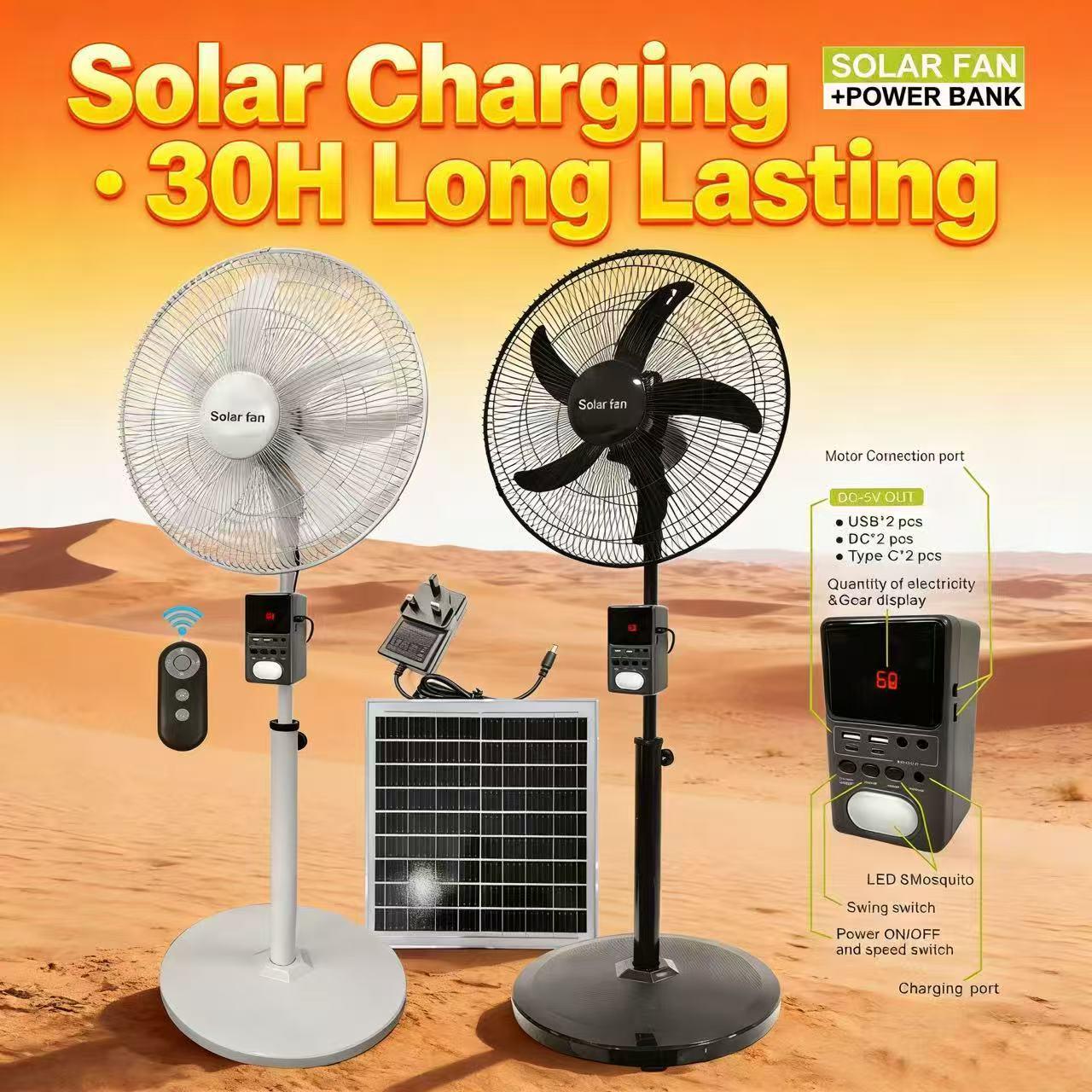 18-Zoll Solarbetriebener Gleichstrom-Elektrolüfter mit abnehmbarer Powerbank – 3-in-1 Standventilator 15000mAh Battery weiß