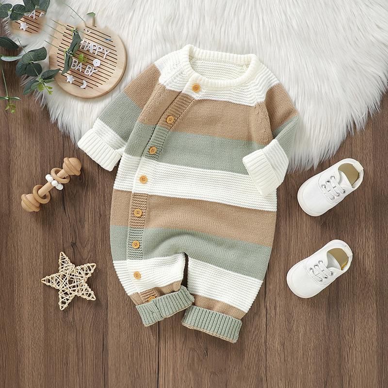 Winter Baby Strampler Kleidung Warm Strick Gestreiften Strampler Jungen Mädchen Overalls Herbst Ein Stück Herbst Infant Unisex Playsuits 3-6M weiß