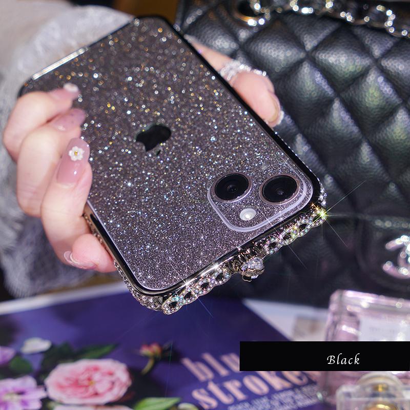 Bunter Diamantrand mit Glitzerfolienaufkleber Handyhülle für iPhone 15 14 Plus 13 12 11 Pro Max XSMax 8 7 Plus Schutzhülle iPhone 14 Plus schwarz