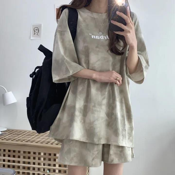 Damen T-Shirt Shorts Anzug Set Lässiges Batik-T-Shirt und Shorts mit weitem Bein in der Mitte mit Taschen Weiche Sommer-Shorts-Sets für Damen M khaki