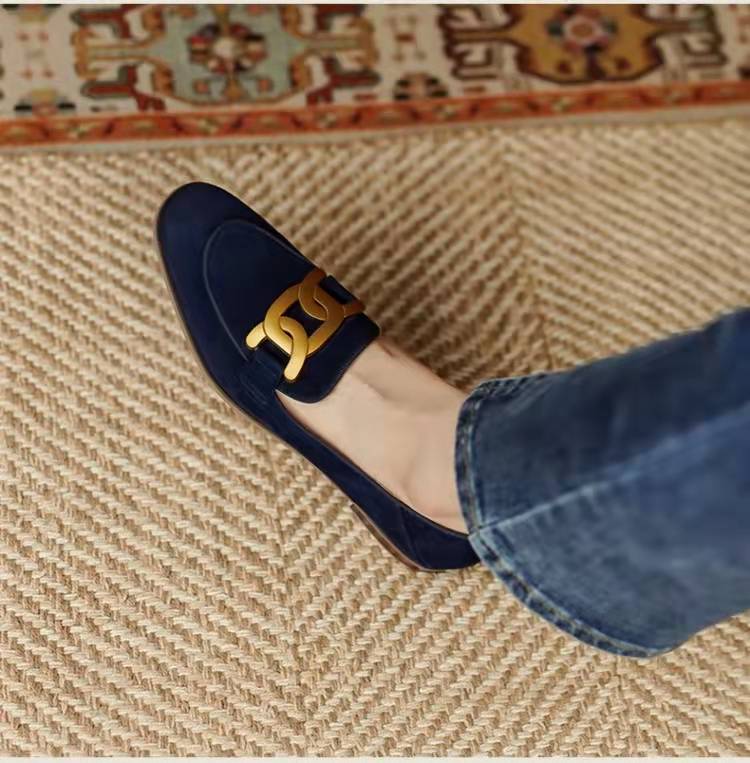 Vintage Slipper Loafer 2026 Neue Frühling Herbst Damen Metallverzierung Runde Spitze Flache Schuhe Bequeme Damenschuhe Damenschuhe 35 blau