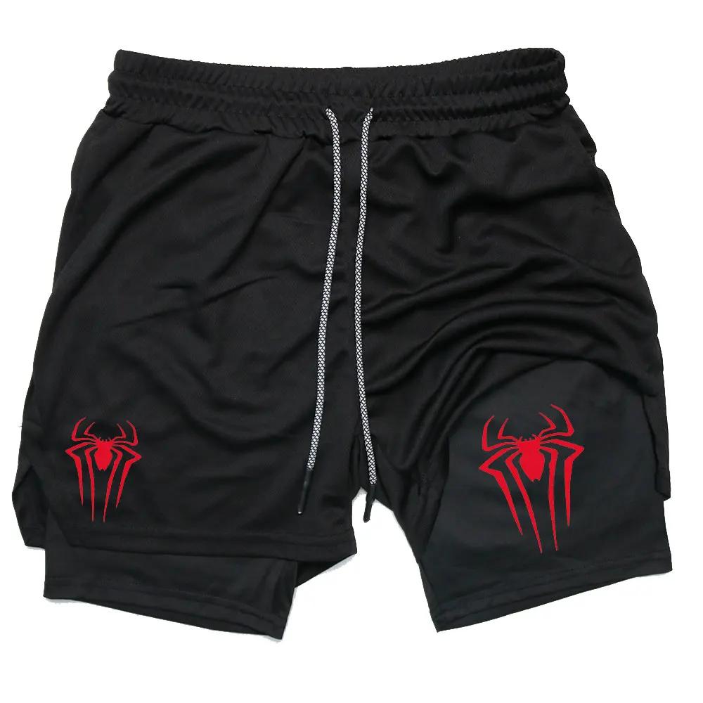 Doppellagige Fitness-Shorts Y2K Performance-Shorts Herren mit Spinnen-Print GYM Sport Kompressionsshorts Workout Laufsport-Shorts M