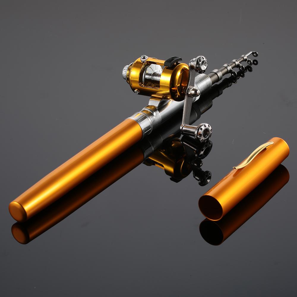 Angelruten- und Rollen-Kombi-Set, Mini-Teleskop, tragbarer Taschenstift, Angelrutenstange + Rolle gold