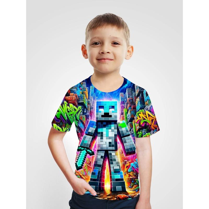 Kinderkleidung Jungen T-Shirt Kurzarm Kinder T-Shirts 3D Bausteine Druck Lustige Kinder Sommerkleidung Mädchen Kleidung 130