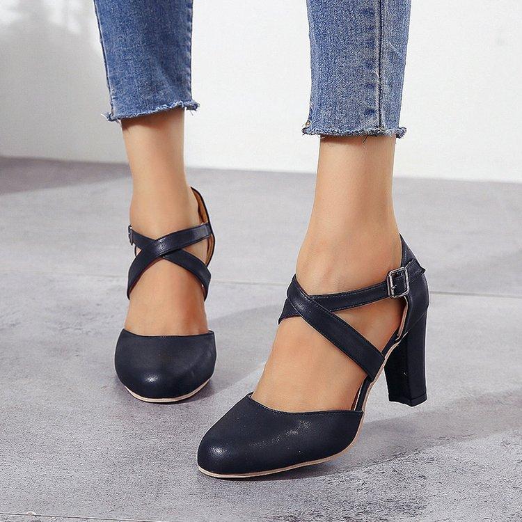 Sandalen, Damenschuhe mit runder Spitze und einem Knopf, Damenschuhe, dicke Absätze, High Heels 42 schwarz