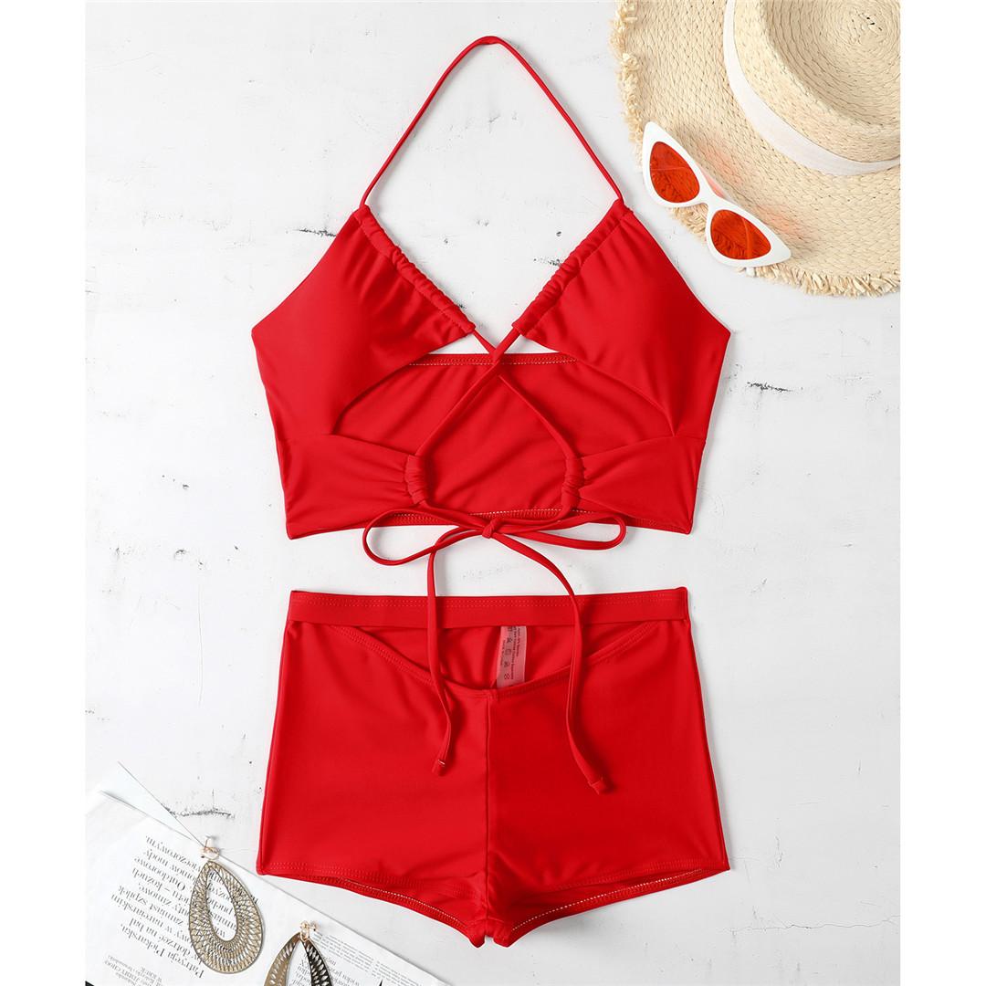 Neckholder-Shorts, hohe Taille, Bikini, weiblicher Badeanzug, Damen-Bademode, zweiteiliger Bikini-Set, ausgeschnittener Badeanzug, Badedame L rot