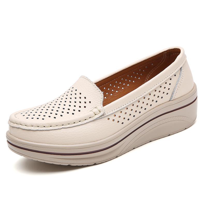 Echtleder Damen Schuhe Frühling und Sommer Neu Ausgehöhlte Schuhe mit Absatz Einzelne Schuhe Dicke Sohle Schaukelnde Schuhe Große Größe Mutterschuhe 41