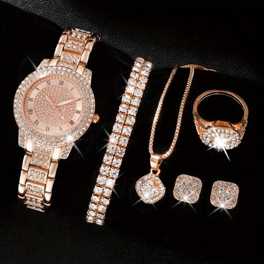 6-teiliges Damenuhren-Set, luxuriöse Strass-Quarzuhr, römische Mode-Analoguhr und Schmuckset, Geschenk für Mama und Sie rose gold