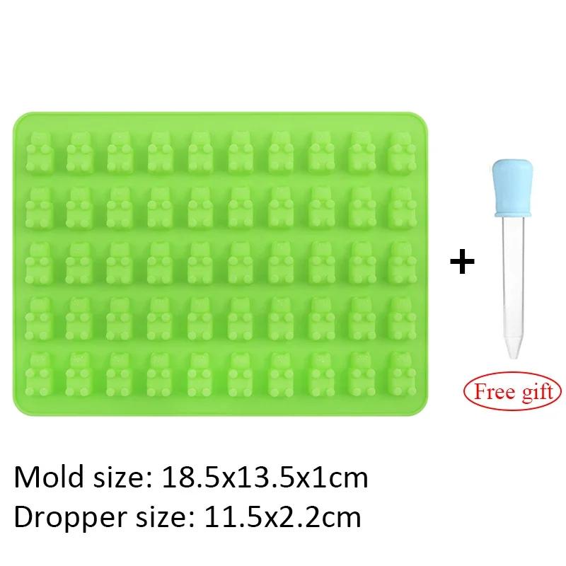 Gummibärchen-Form mit 50 Fächern, Silikon, süße Bären-Geleeform mit Pipette, Süßigkeiten, Schokolade, Fondant, Formen zum Selbermachen, Backen, Dekorationswerkzeuge grün