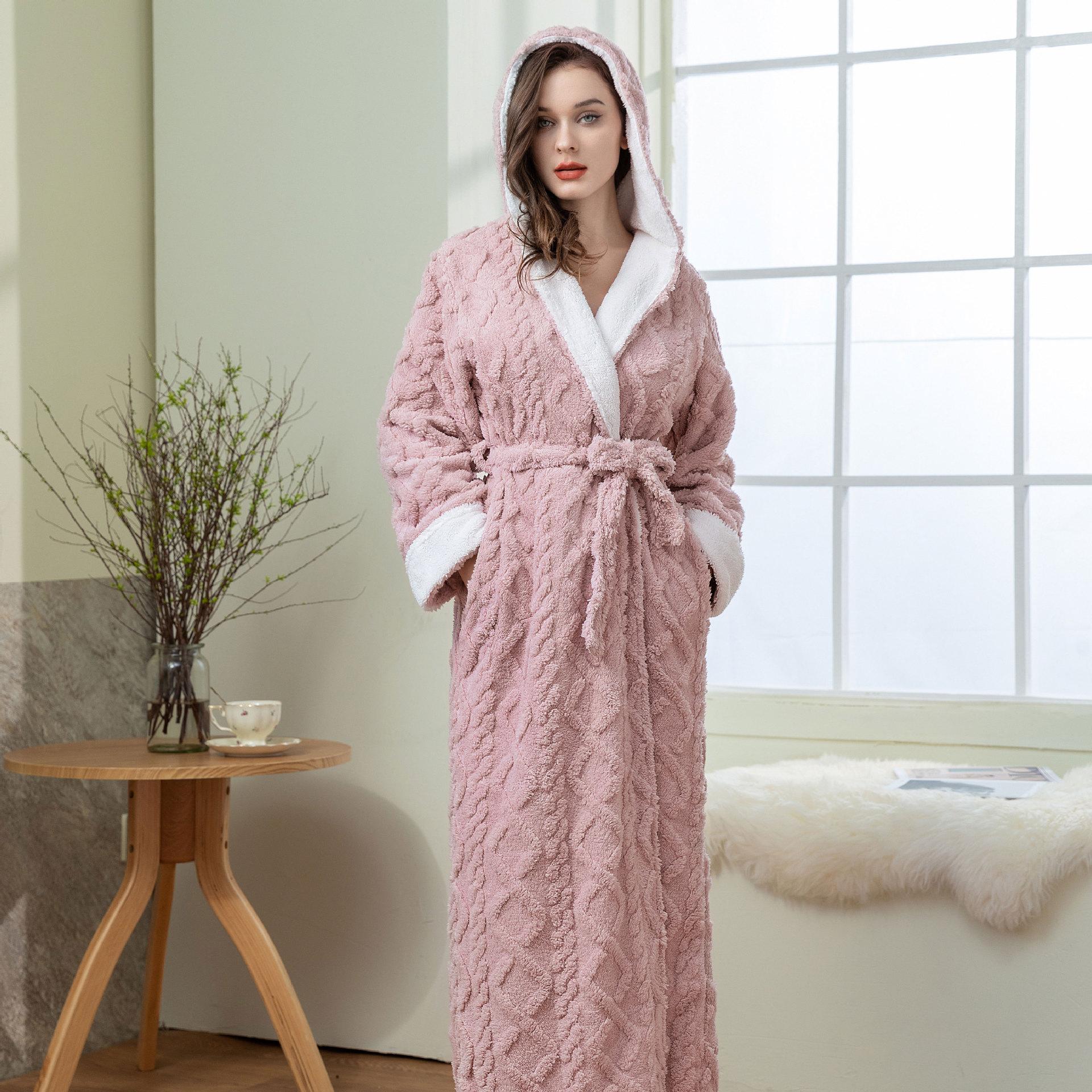Lockerer, langer, dicker Bademantel mit Kapuze für den Winter, dicker Bademantel für Damen, Flanell-Frottee, warm, bequem, Nachtwäsche für Damen XL rosa