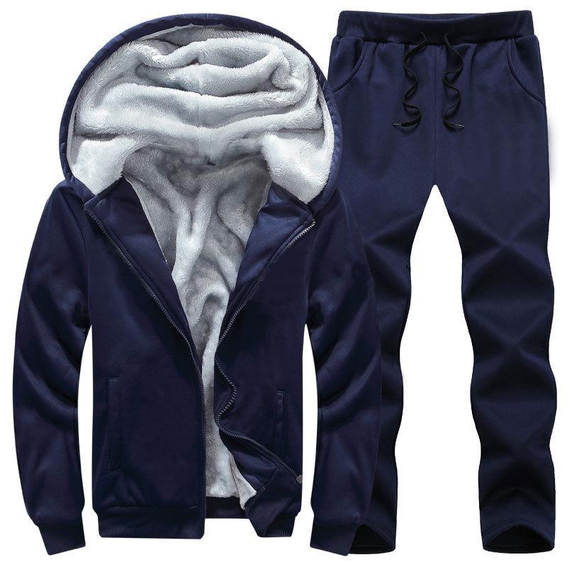 Winter Trainingsanzug Männer Reine Farbe Pelz Gefüttert Hoodies Und Hosen Set Männer Jogging Anzug Warme Fleece Jogger 2 Stück Set plus Größe M navy blau