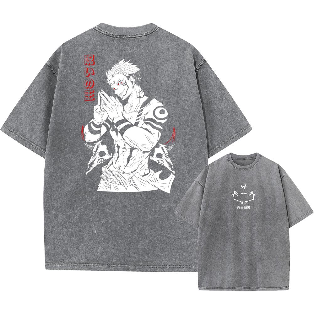 Herrenmode Streetwear Gewaschenes Schwarzes T-Shirt Japanischer Anime Grafikdruck T-Shirt Sommer Baumwolle Übergroße Oberteile Tees L