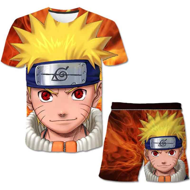 Modische 3D-Kleidung für Kinder, 2-teiliges Set mit Naruto-Aufdruck + Shorts, Hose, Kleidung für 4–14 Jahre, Kinder, Jungen, kurzärmeliges Kostüm-Outfit 120 yellow