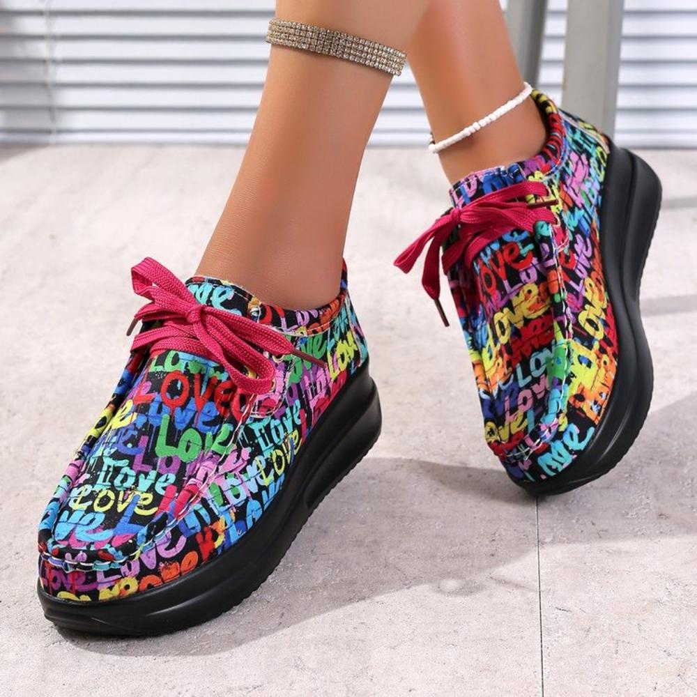 Mode Damen Sneaker Herbst Neu Lässige Alltagssneaker Damen Ethnische Regenbogen Canvas Schuhe Runde Zehenpartie Mehrfarbig bedruckt Schnür-Sneaker 43 blau