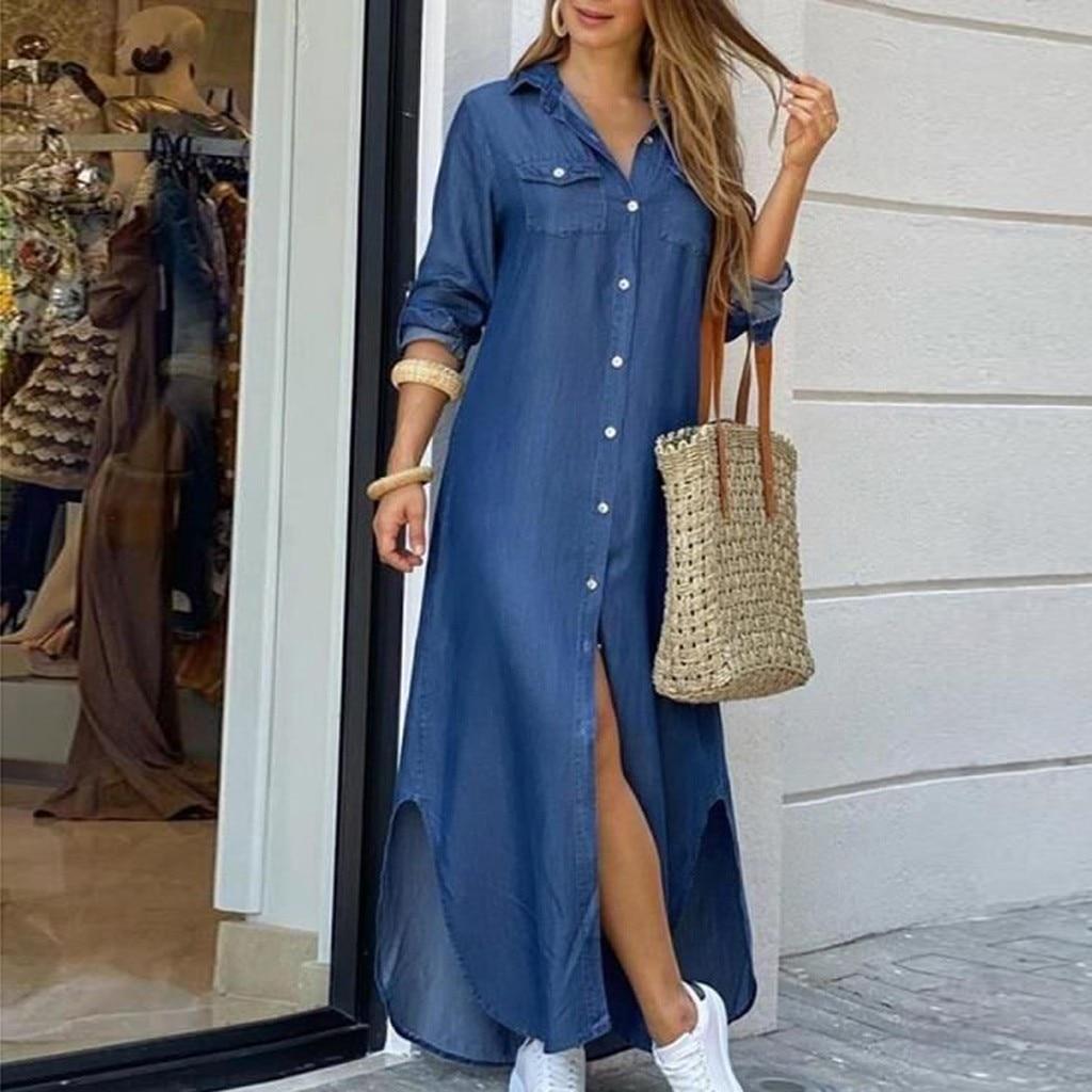 Herbst Langes Kleid Langarm Shirt Kleid Frauen Denim Lange Kleider Taschenknopf Shirt Print Kleid Lässige Lose Kleider S