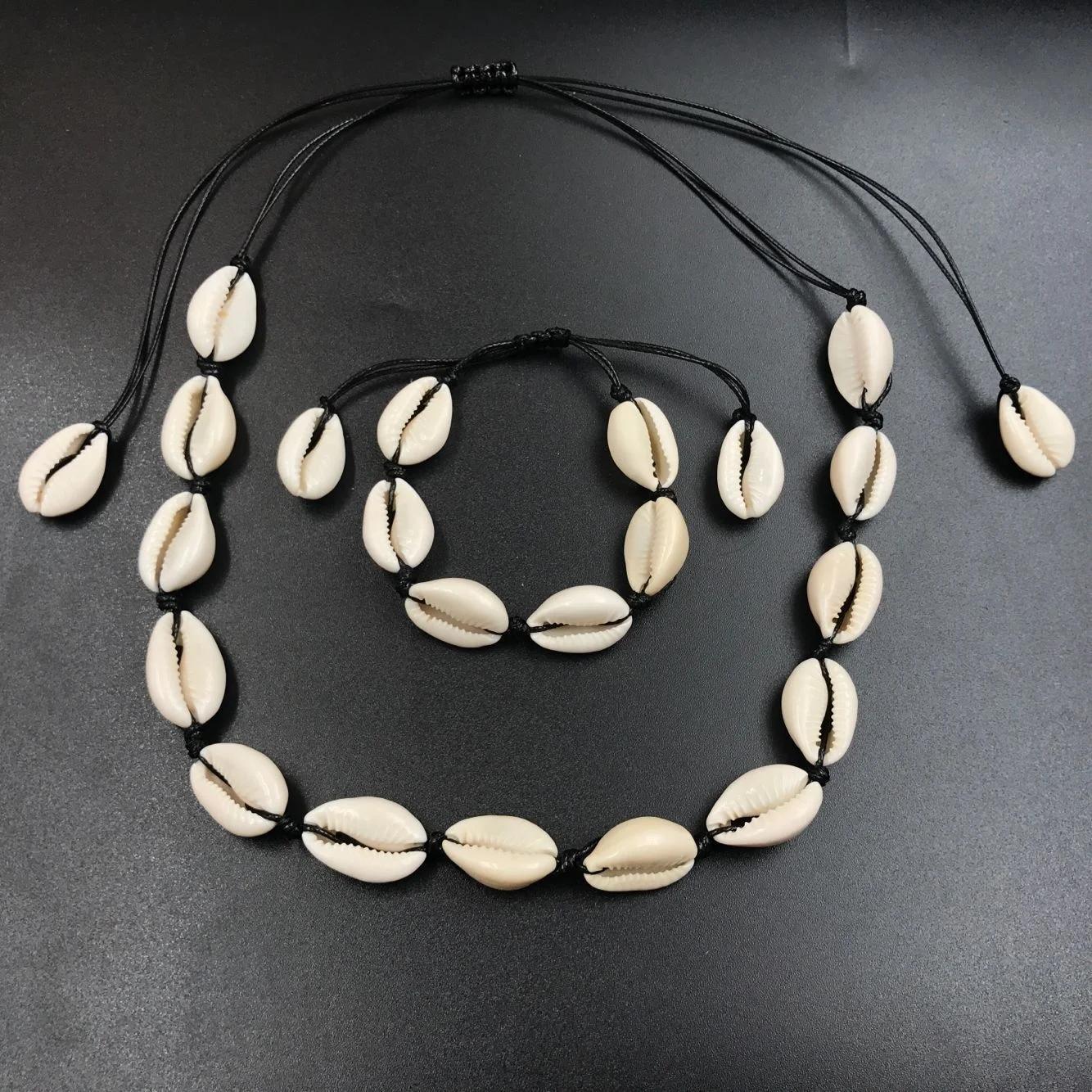 1 Stück Natürlich Schlicht Täglich Damen Geschenke Mode Alleskönner Verstellbar Muschel See Seil Armband Halskette Set Schmuck Halskette schwarz