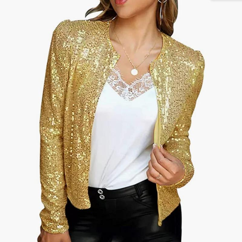 Mode Stehkragen Kontrast Pailletten Mantel Frauen Kleidung Frühling Und Herbst Langarm Jacke Casual Zipper Kurzen Mantel 29445 S wow