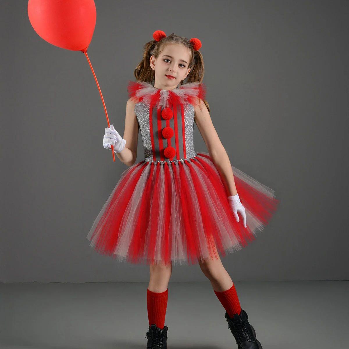 Killer Clown Kostüm für Mädchen Halloween Verkleidung Schwarz Weiß Gruselig Terrifier Joker Tutu Kleid Kinder Ausgefallen Karneval Party Kleidung L rot
