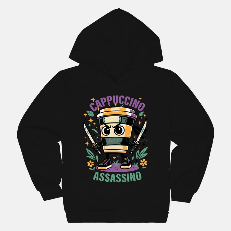 Cappuccino Assassin Kinderkleidung Mode Lässige Hoodies Italienischer Brainrot Lustiges Geschenk für Baby Mädchen Junge Neue Sweatshirts Outfits 120cm schwarz