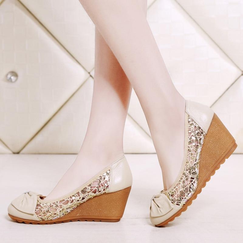 Sommerschuhe Damen Echtes Leder High Heels Wedges Sandalen Elegant Damen Keilabsatz 7cm 40 beige