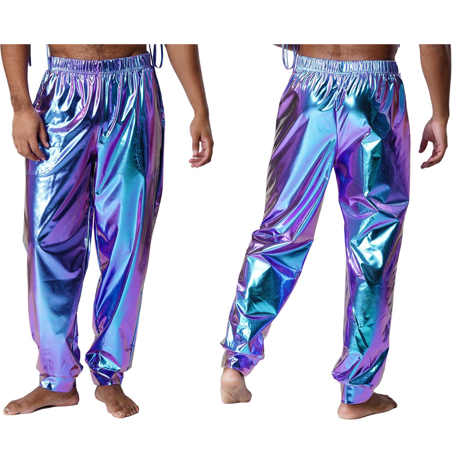 M-XXL Herren Glänzende Metallic Hose Hohe Taille Elastische Taille Sporthose Metallischer Glanz Modern Dance Hose Lockere Hose XXL blau