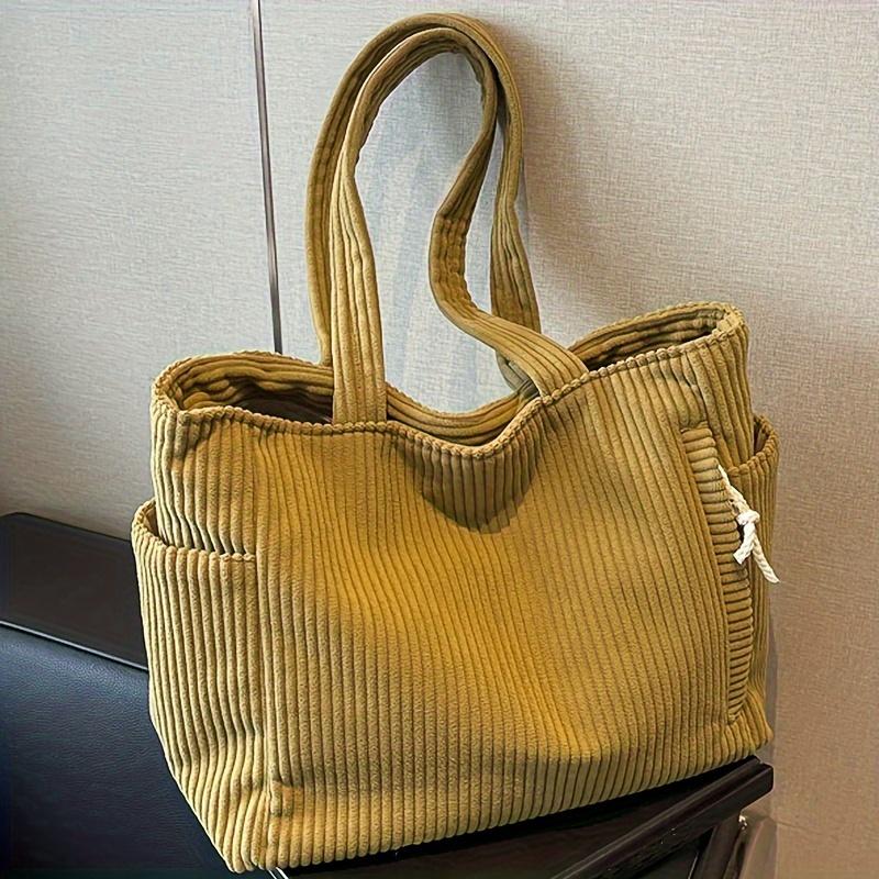 Lässige Cord-Handtasche mit Reißverschluss, leichte und geräumige Umhängetasche, einfarbige Alltags-Pendler-Handtasche, Tragetasche, Schüler-Klassenraum-Paket gelb