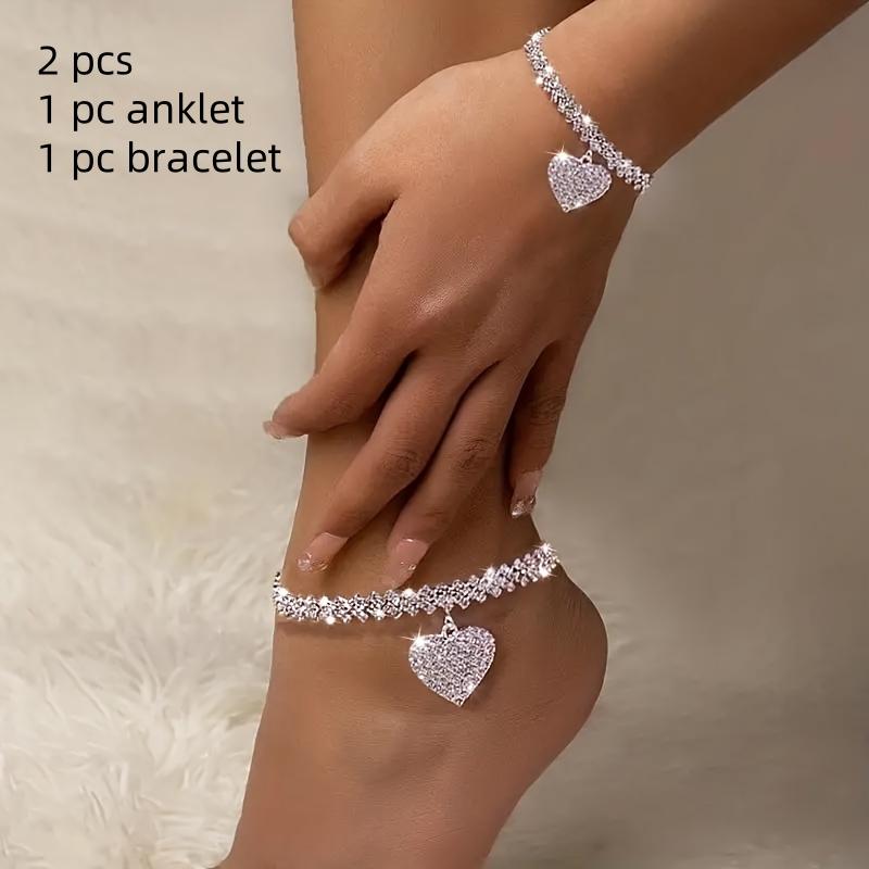 2-tlg. Fußkettchen- und Armbandset mit Glitzer-Strass-Herz und Liebessymbol im Luxusdesign für Damengeburtstagsfeiern, Hochzeiten, Jubiläen, Schmuckgeschenke 2 pcs silber