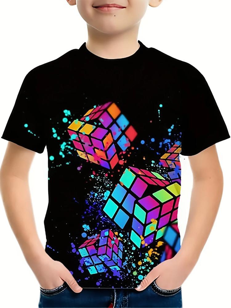 Jigsaw Cube 3D-Druck T-Shirt Mode Zauberwürfel Muster T-Shirt Sommer Jungen Mädchen T-Shirts Streetwear Tops Kinderkleidung 140