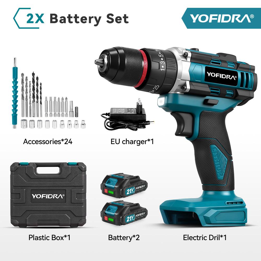 YOFIDRA 3IN1 Elektrischer Schlagbohrer 25+3 Drehmoment Handgehalten Akku-Schlagbohrer Holzbearbeitung Elektrowerkzeug Für Makita 21V Akku-Pin 2 Battery-EU Plug