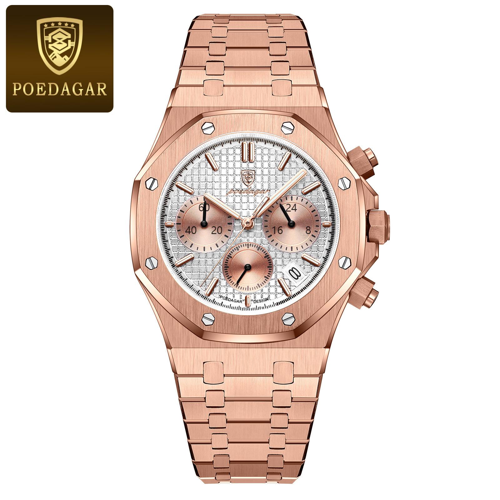 POEDAGAR Herrenuhren Feiner Stahl Modische Original-Quarzuhr für Männer Wasserdicht Leuchtende Datums-Chronograph Luxus-Armbanduhr rose gold/weiß