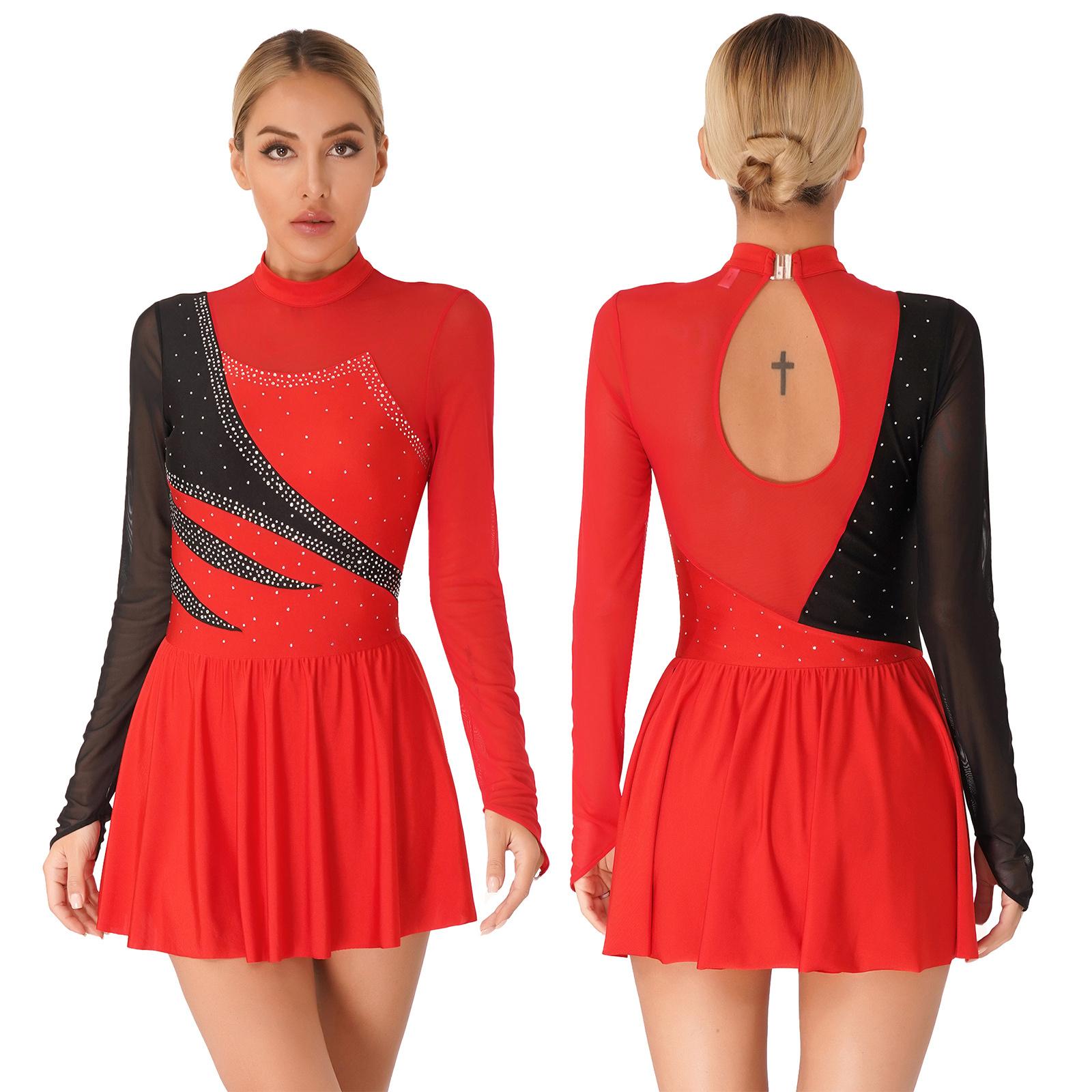 Damen Lyrical Kleid für zeitgenössischen Tanz, Eiskunstlauf-Kleid, glänzendes Strass-Farbblock-Patchwork-Kleid S rot