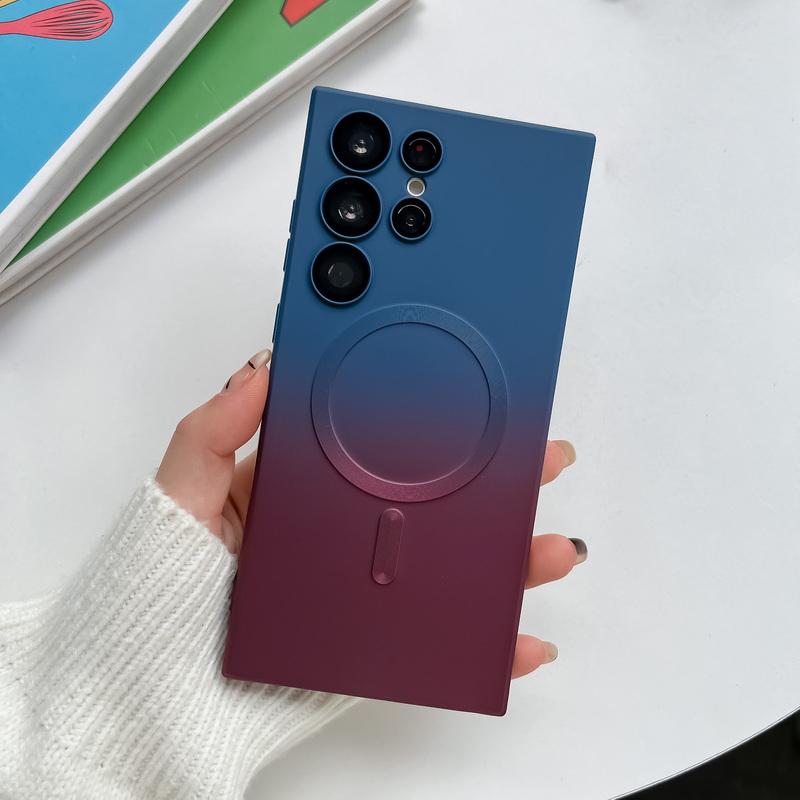 Handyhülle mit Farbverlauf und zweifarbiger Linie für Samsung S25 Ultra S24 S23 Plus S22 Ultra Einfache stoßfeste TPU-weiche Magnetschale Crossbody-Handyhülle mit Lanyard Samsung S25 Ultra wein rot/blau