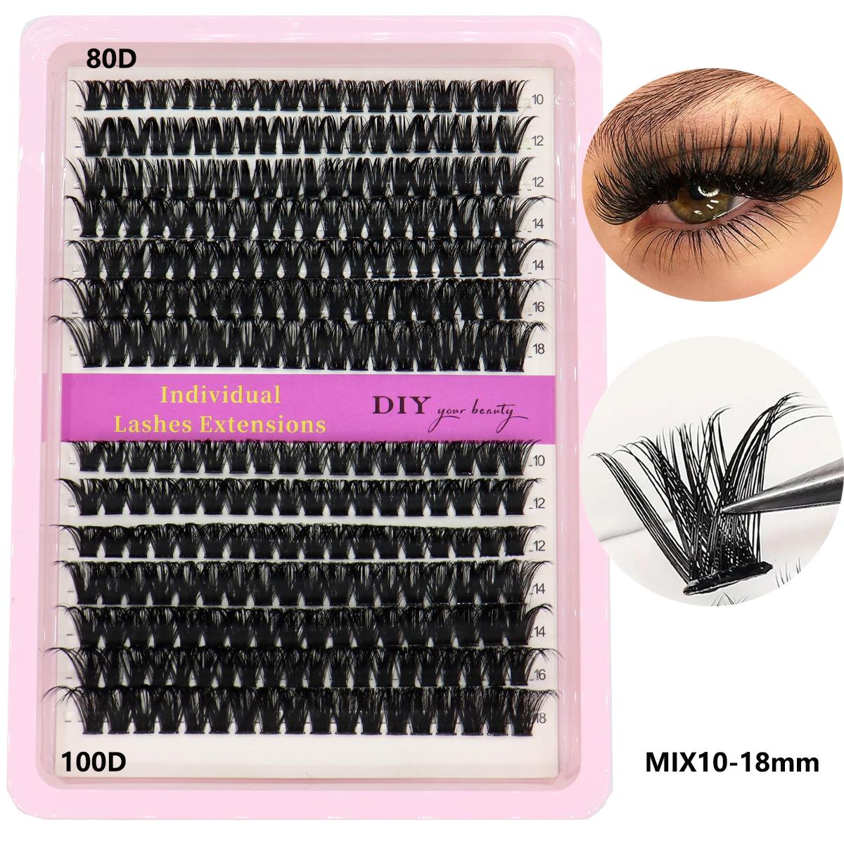 14 Reihen 80D/100D Büschel-Falsche Wimpern 10-18 verschiedene Längen schwarz matt weich natürlich DIY tägliches Make-up Wimpern 80D+100D-D