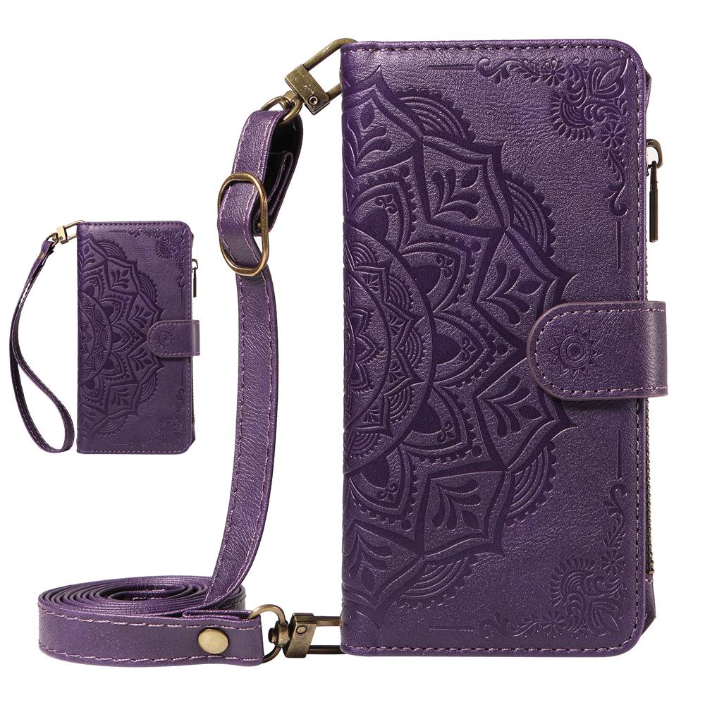 Mandala-geprägtes Leder-Portemonnaie Klapphülle für Samsung Galaxy S26 S25 S24 S23 S22 S21 S20 Ultra Plus FE Edge S10 S9 S8 S7 Galaxy S10 Lite violett