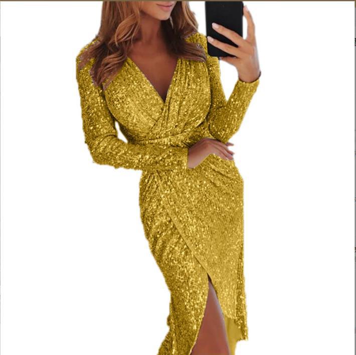 Damen Elegantes, schlankes, langärmliges, glänzendes Party-Cocktail-Abendkleid mit V-Ausschnitt 2XL gold