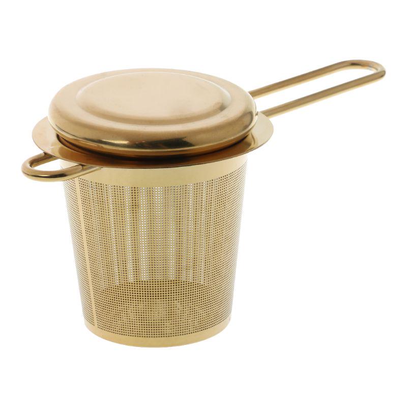 Wiederverwendbares Tee-Ei aus Netzstoff, Edelstahlsieb, loser Teekanne, Gewürzfilter mit Deckel, Tassen, Küchenzubehör Gold