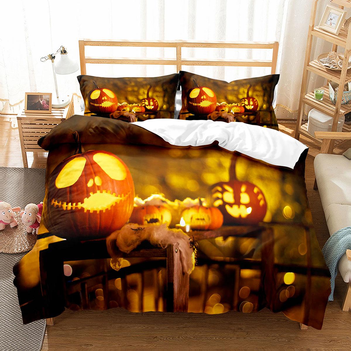 Kürbis-Laterne Bettbezug-Set, Polyester, Bettbezug, King-Size-Bett, Queen-Size-Bett, Doppelbett-Bettset mit Kissenbezug, Halloween-Geschenk EU single(135x200cm)