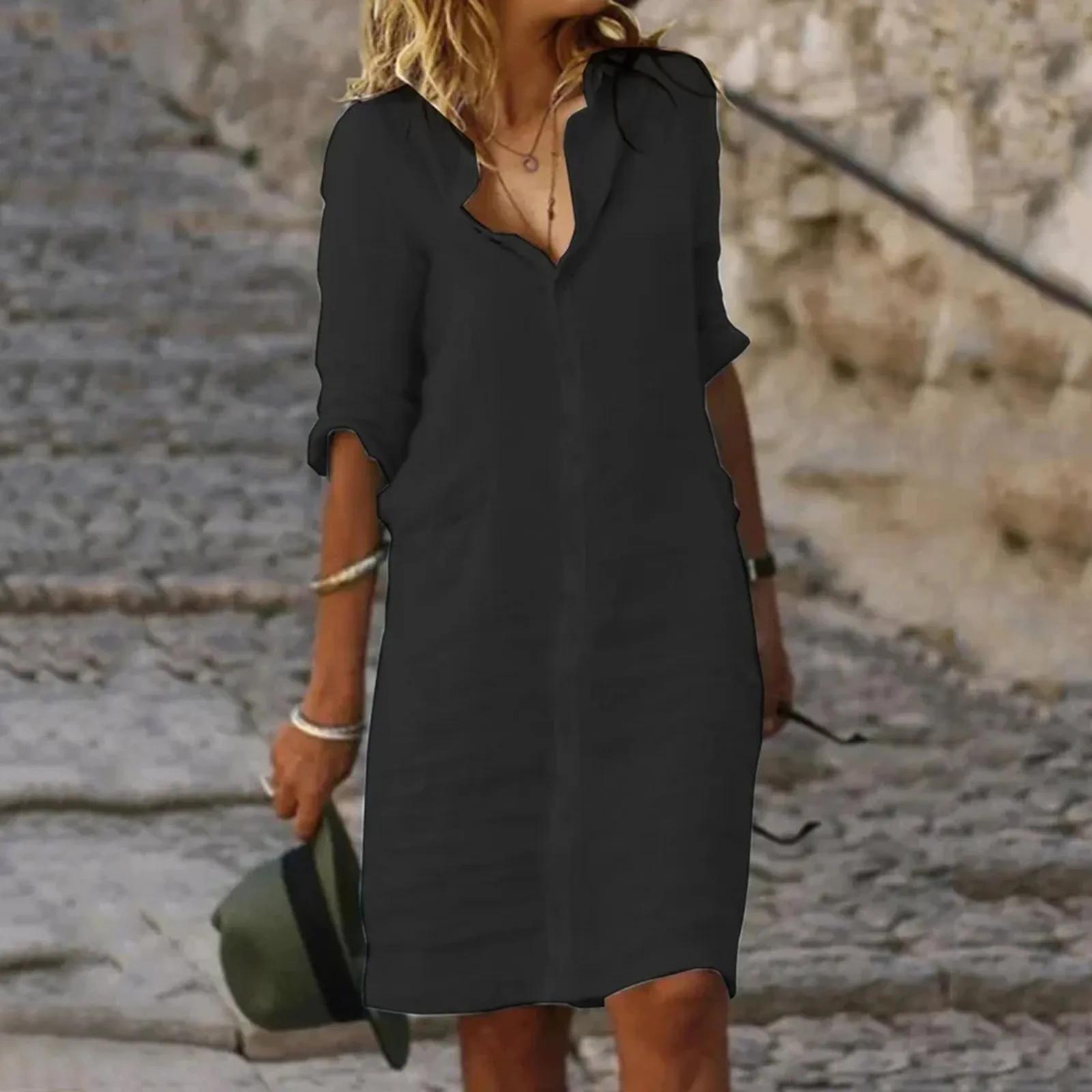 Sommer Baumwolle Leinen Hemd Kleid Frauen Taste Halbe Hülse Casual Mini Kleider Frauen Elegante Lose Strand Party Kleider Vestidos XXL schwarz
