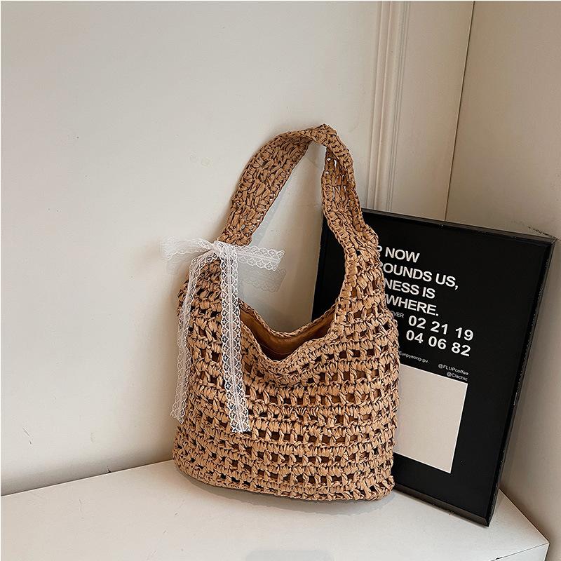 Neue gehäkelte gewebte Tasche, Stroh gewebte Tasche, hohle Strandtasche, Reisetasche, vielseitige Stroh gewebte Tasche, Achseltasche, Einkaufstasche gray