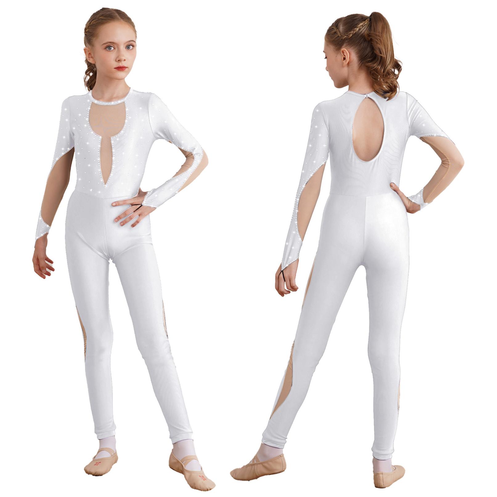 Mädchen Skating Body Ballett Tanz Ganzanzug Gymnastik Jumpsuit Leotard Dancewear Langarm Catsuit 13-14 Years weiß