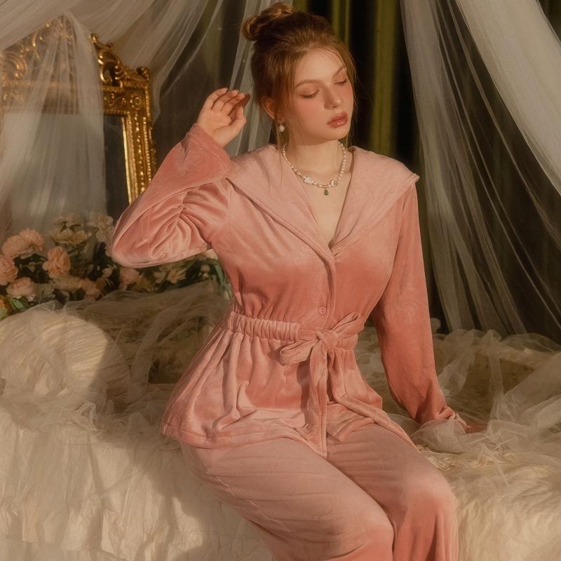 Damen Samt Pyjama Set Sexy Bademantel mit Kapuze Kimono Hosen Set Herbst und Winter Pyjama Süße Homewear Pyjama M rosa