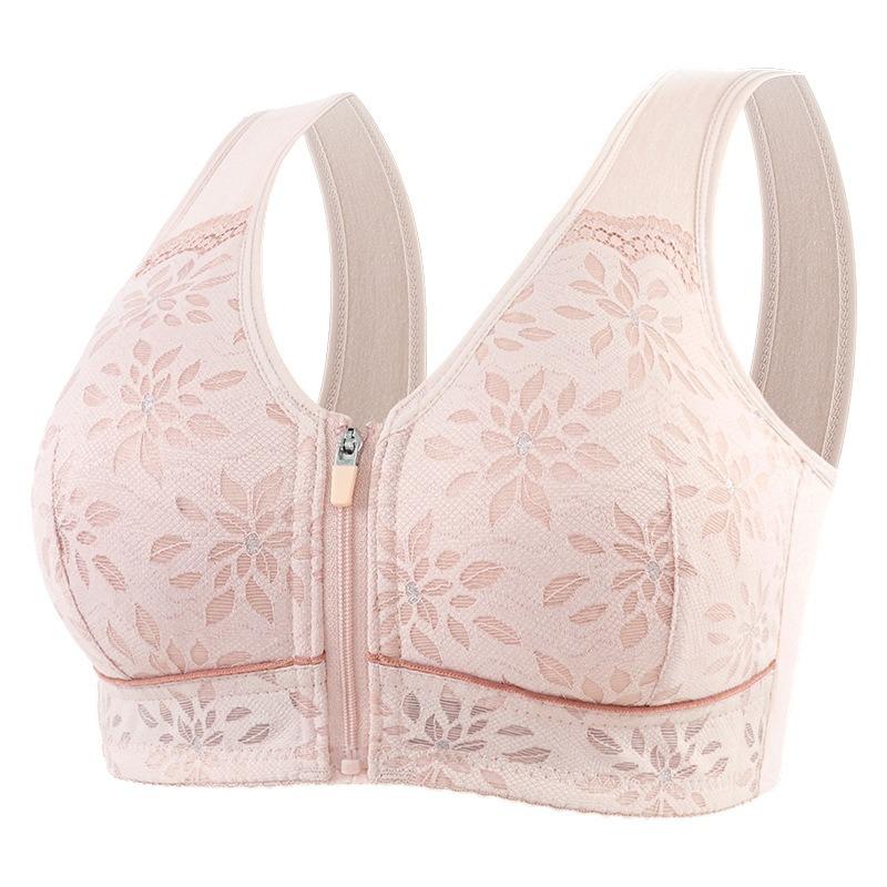 Damen-BH mit Reißverschluss vorne, Spitze, ohne Stahlring, weiche Baumwollkörbchen, große Größe, Westen-BH 44/100 rosa