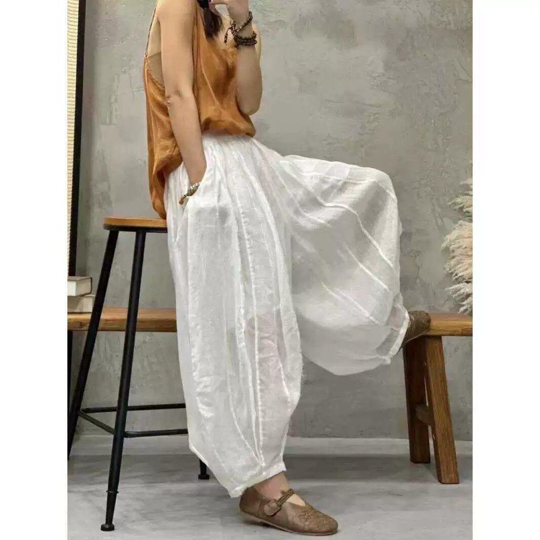 Sommer Herbst Baumwolle und Leinen Bloomers Hose Damen Lockere Hose Mode Damen Vintage Bedruckte Florale Bohemian Gerade Hose M weiß