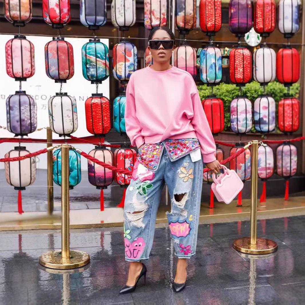 Damen Denim Hose Jeans Print Floral Lange Hose Heißer Bohrer Hohe Taille Gerade Hose Y2k Streetwear Elegant Loch Arbeit S hellblaue