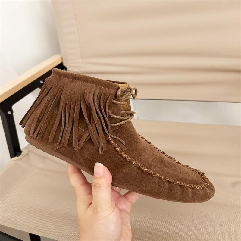 Mode AIYUQI Damen Stiefeletten Echtleder 2025 Neu Flach Rutschfest Cowboy Stiefel Damen Übergröße Quasten Stiefeletten für Damen 42